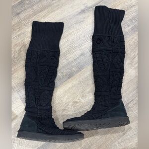 UGG Over The Knee Twisted Cable Knit Pull On Sock Boots- Black, Women’s Size 9